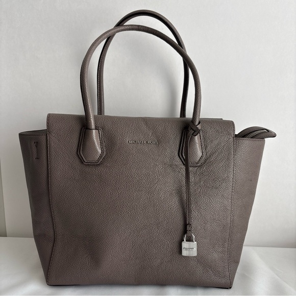 Michael Kors Cinder Taupe Leather Large Mercer Satchel Tote Handbag Zipper Close - Picture 1 of 13